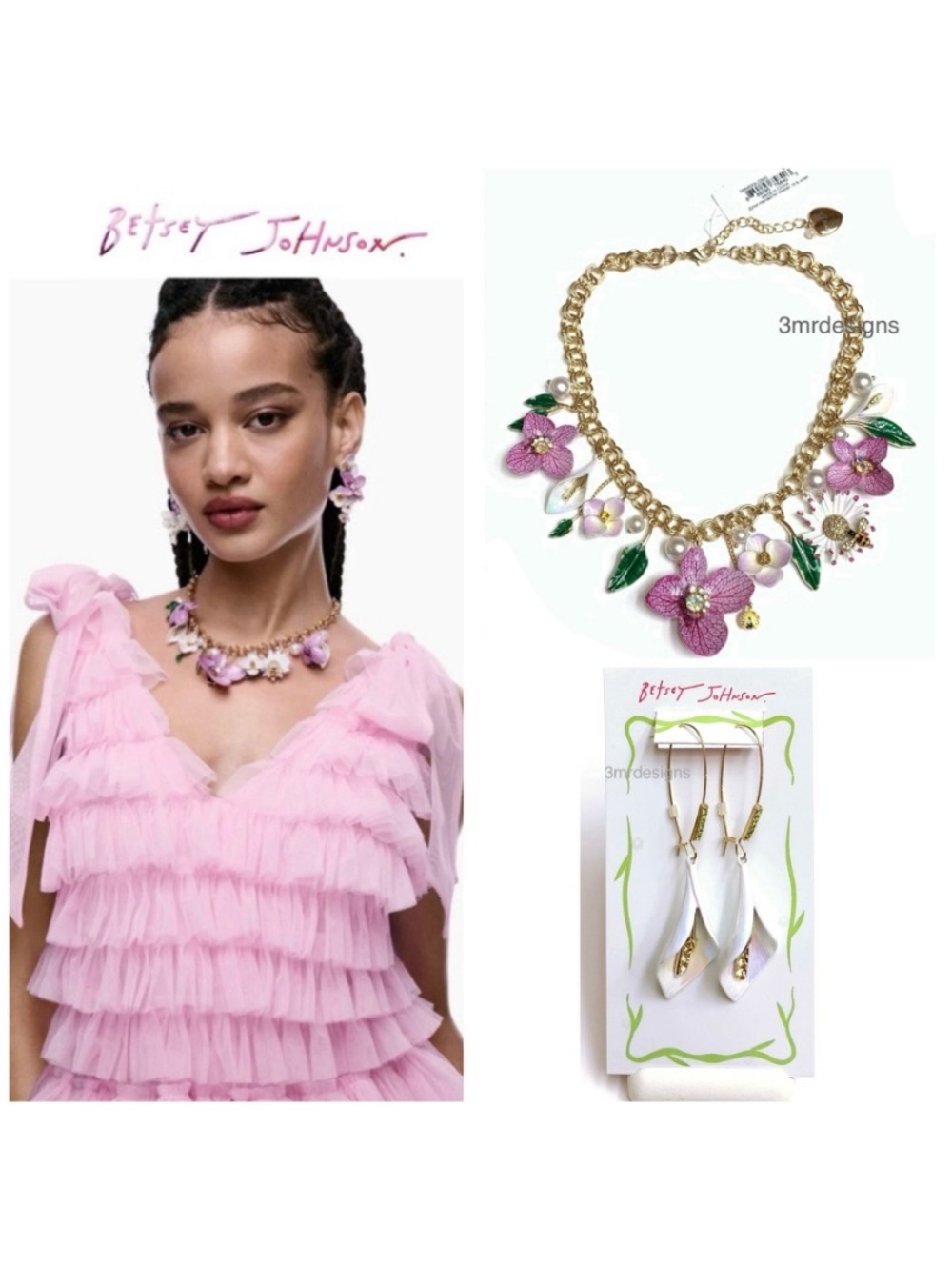NWT Betsey J.💋FLOWER BOUQUET Gold Tone Glass Crystals Drop Earrings & Necklace
